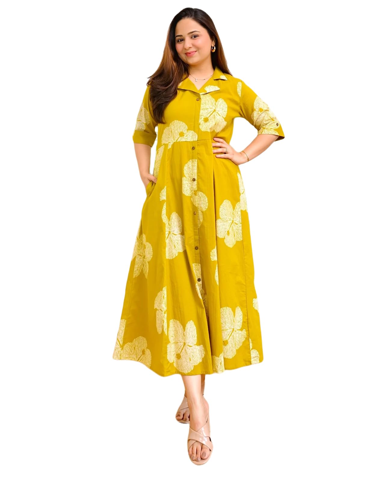 Women's Floral Print Midi Shirt Dress, Half Sleeves, A-Line Fit, Collar Neck, Button-Down-picture-16