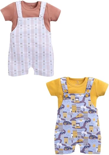 100% Cotton Half Sleeve Dungarees for New Born Baby Boys &amp; Girls|6-12M|LIGHTGREEN|Infant Clothes| Pack of 2
