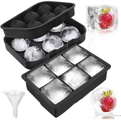 LessMo 2 Pack Ice Cube Trays, Silicone Sphere Giant Ice Ball Maker with Lid and Large Square Ice Cube Molds for Whiskey, Reusable and BPA Free Cover