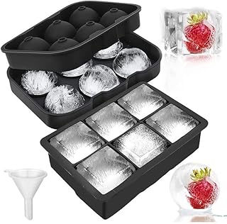 LessMo Ice Cube Trays Ice Ball Maker with Lids 2 Pack，Silicone Sphere Round Ice Mold & Large Square Ice Cube Molds for Cocktail, Whiskey, Reusable & BPA Free,Black