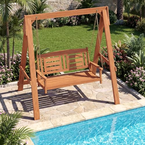 Image of Tangkula 2-Seater Porch Swing with Stand, Wood Patio Swing Loveseat Chair with Adjustable Chains, Built-in Backrest & Armrests, Outdoor Swing Bench Set for Garden, Backyard & Poolside