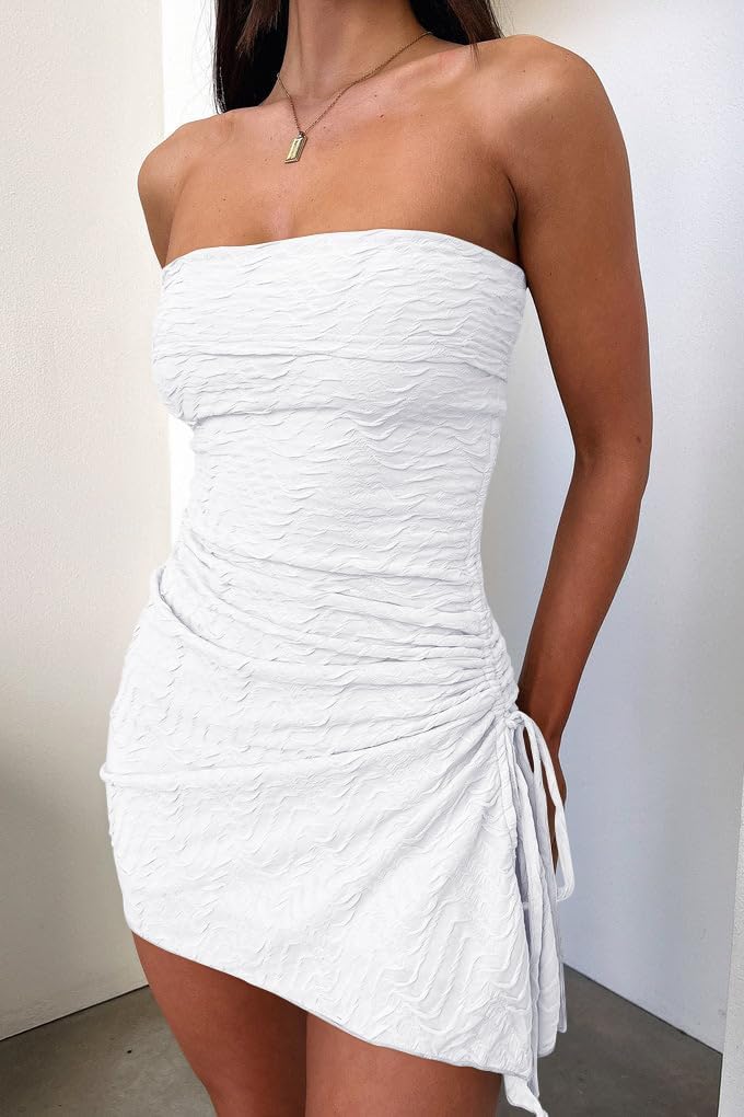 GOKATOSAU Women's Floral Strapless Fold Over Neckline Split Drawstring Bodycon Ruched Mini Dress - Image 2