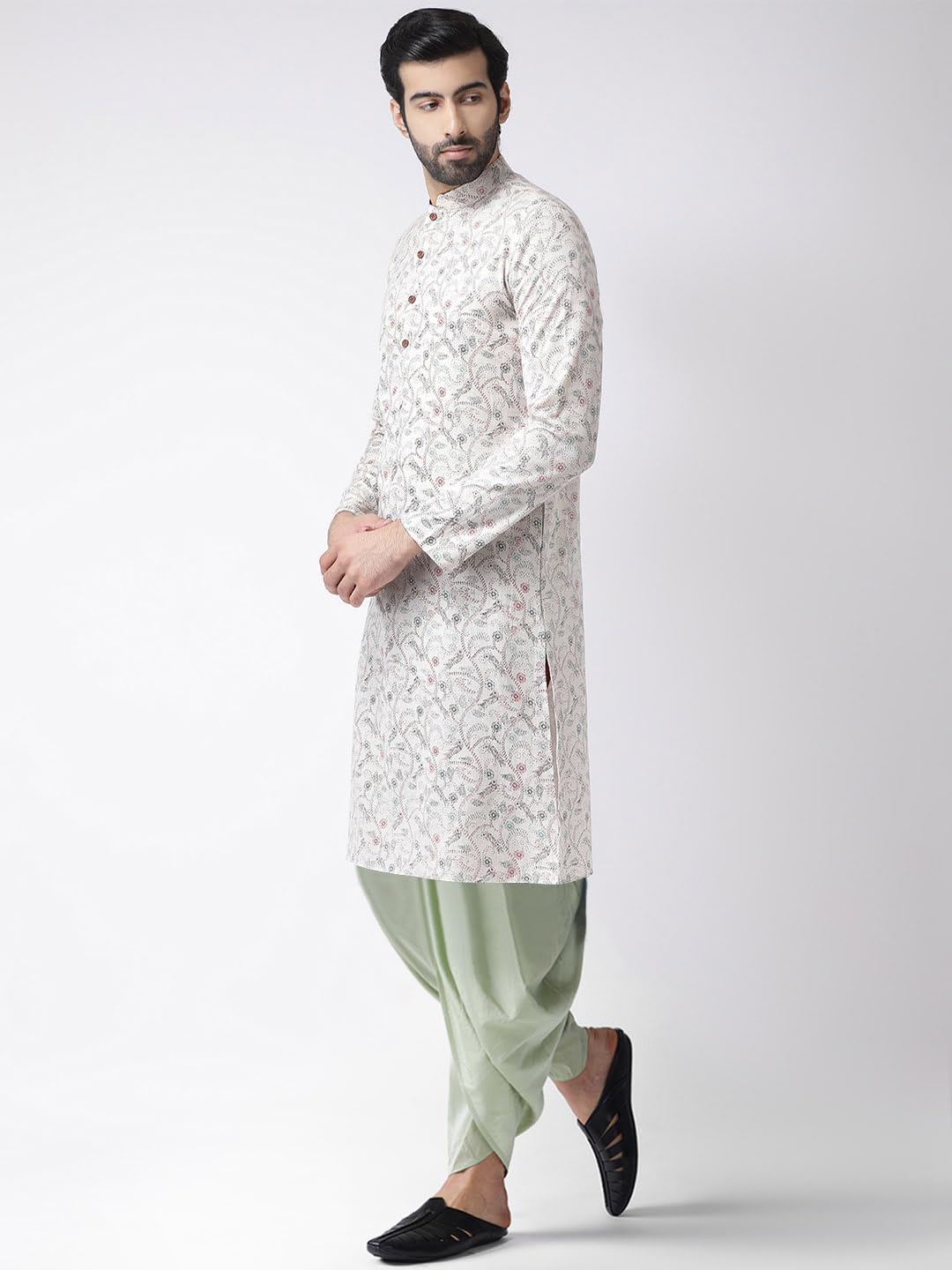 Kisah Men's Kurta Dhoti Set, Multicolored Cotton Blend, Printed Regular Fit Mandarin Collar Long Sleeves (L)