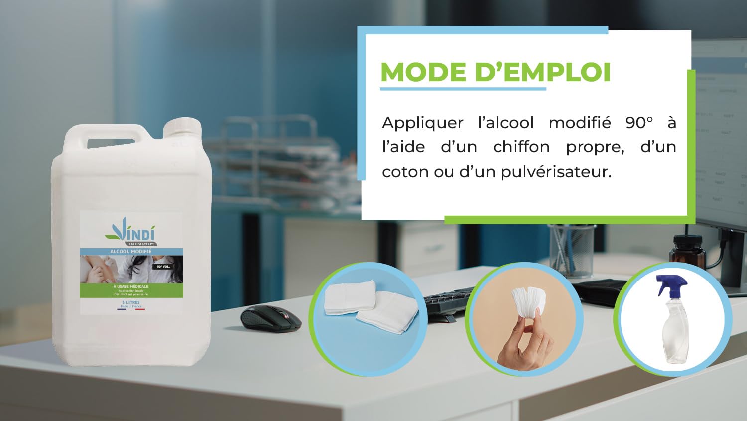 Vindi Désinfectant Alcool modifié 90°- Bidon de 5L - Fabrication Française - Désinfection peau saine et ustensiles médicaux