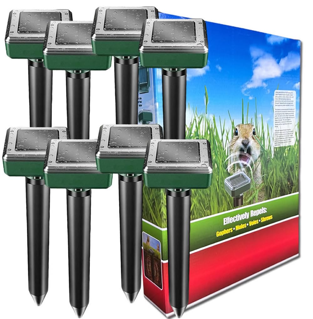 Mole Repellent Ultrasonic Solar Powered Animal Repellent for Outdoor Lawn Garden for Snakes, Moles, Gophers, Groundhogs, Voles and Other Burrowing Rodents (8 Pack)