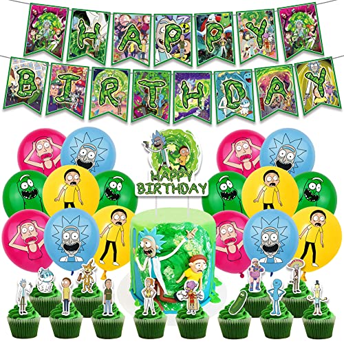Rick and Morty Decoracion Cumpleaños, LKNBIF 31 Pcs Rick and Morty Decoraciones de Fiesta, Globos de Cumpleaños Rick and Morty Party Supplies Decoración de Tartas Banner Decoraciones para Niños