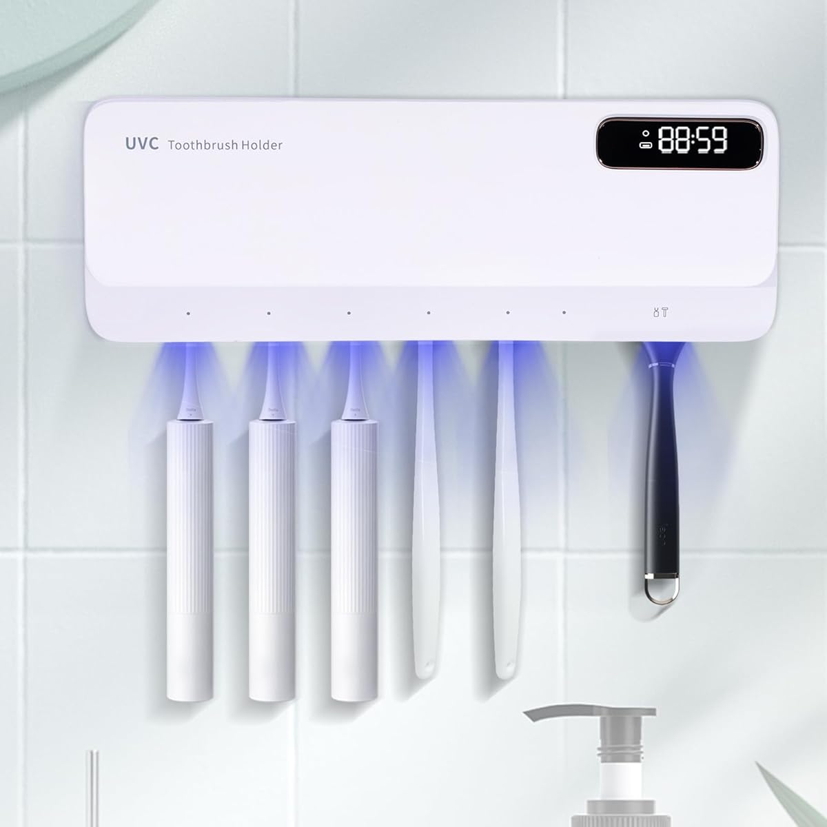 ZOZOO UV Toothbrush Sanitizeri Holder with 99.9% Cleaning,Air Dry,Heating,5+1+1 Slots,12 Hour Memory,Rechargeable Wall Mounted Strong Adhesive Toothbrush Holder with Cover for Bathroom(White)