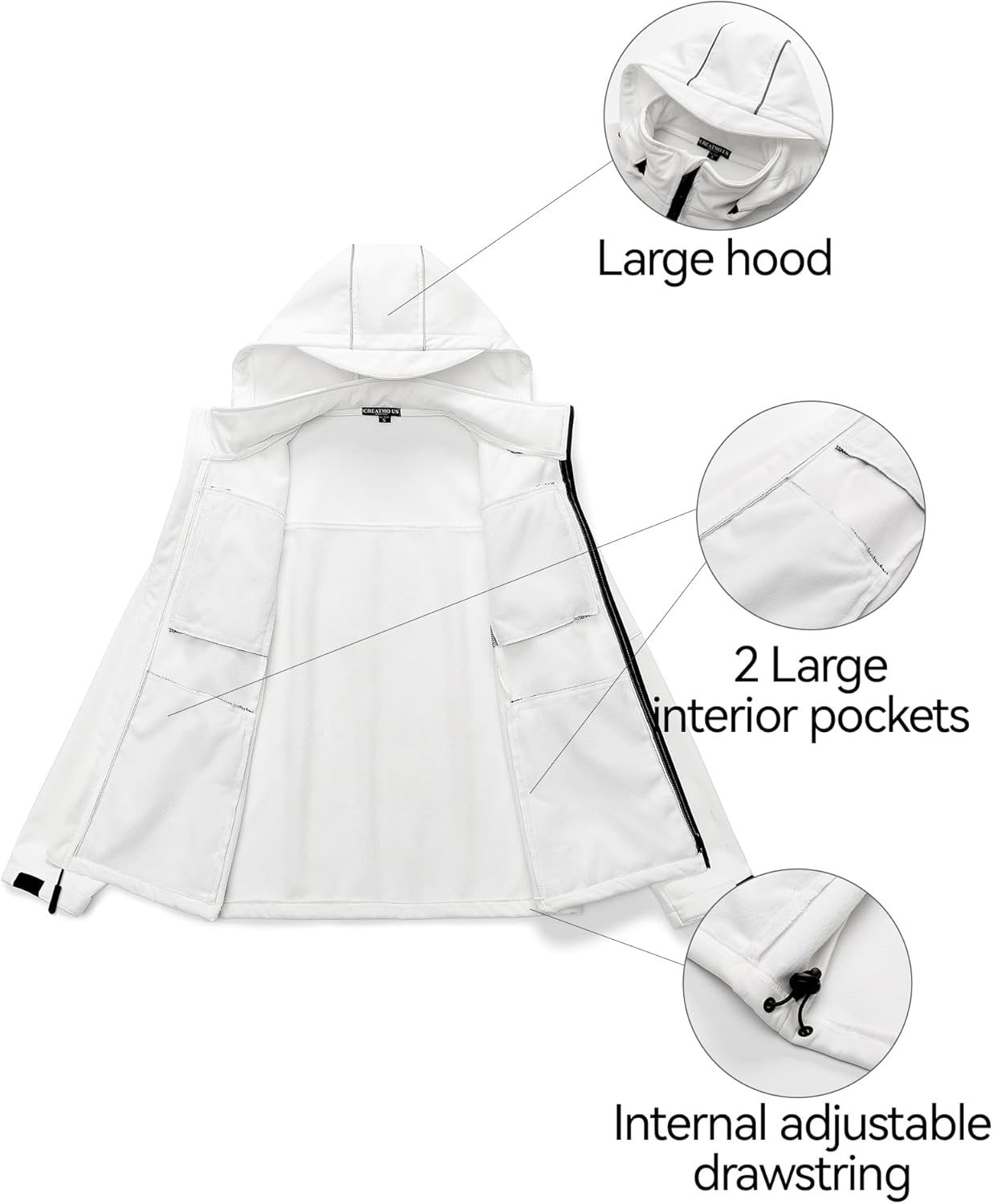 CREATMO US Men's Softshell Military Jacket With Removable Hood, Fleece Lined and Water Repellent Outdoor Reflective Coat - Image 3