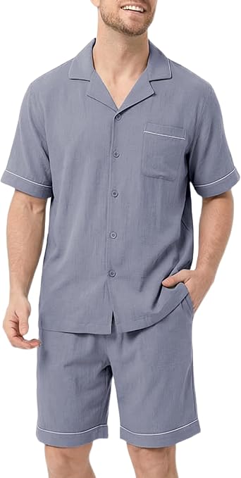 DAVID ARCHY Mens Summer Pajamas Set Lightweight Breathable Short Sleeve Lounge Set Soft Cotton-Like Pajamas with Pockets