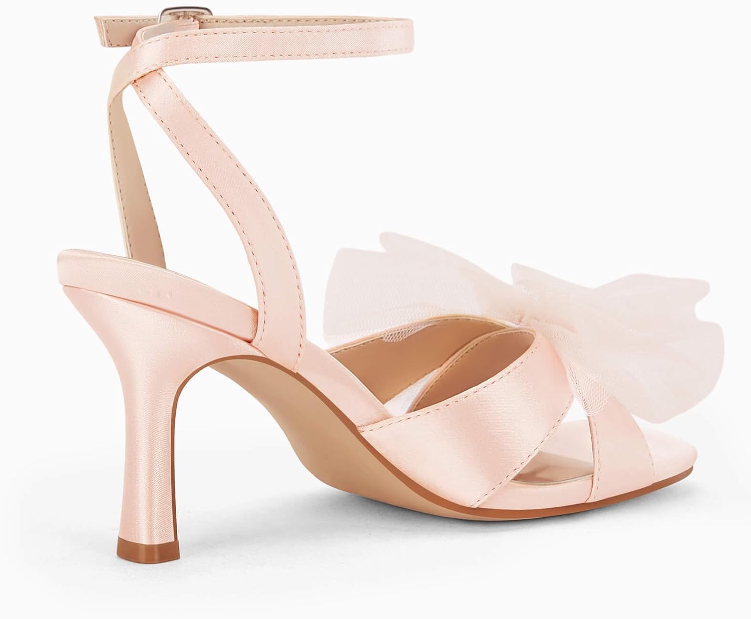 Coutgo Womens Lace Bow Heels Sandals Open Square Toe Stiletto High Heel Ankle Strap Bride Wedding Dress Shoes - Image 6