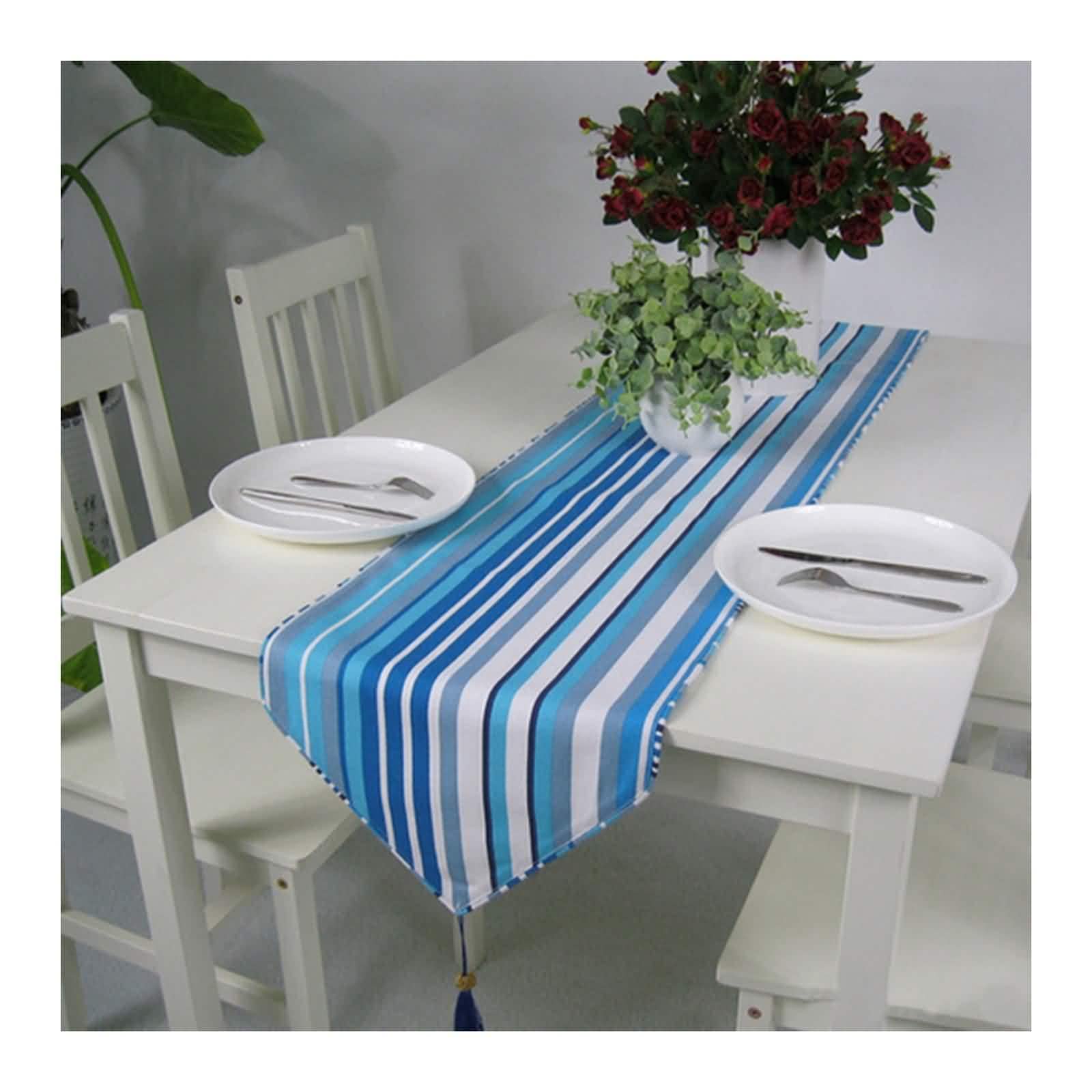 Tischläufer Deko, Tischläufer Landhausstil 200 Blau Weiss 32CM Streifen mit Quaste Baumwolle Table Runner Tischdeko Wohnzimmer Küche