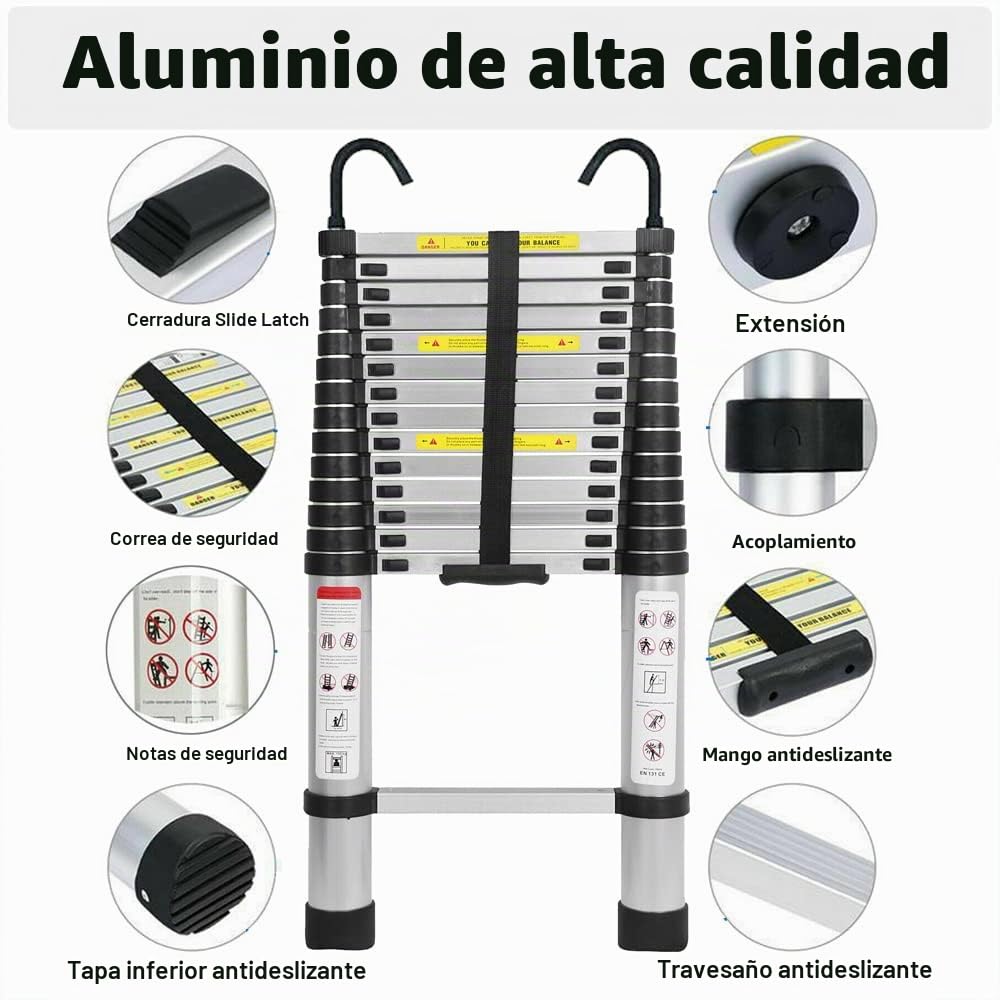 Escalera telescópica de aluminio de 6,2 m con 2 ganchos, 15 peldaños, capacidad de carga de 150 kg, EN131