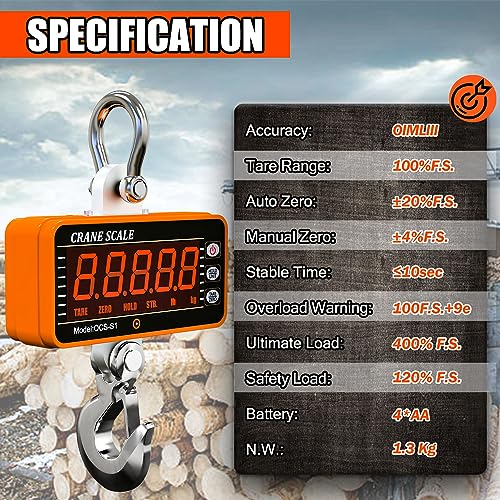 Image of YATOINTO 1000kg /2000lb Digital Crane Scale Heavy-Duty Industrial Hanging Scale with Remote Control Smart Type LED Display CE Certified Electronic Weighing Crane Scale (Orange)