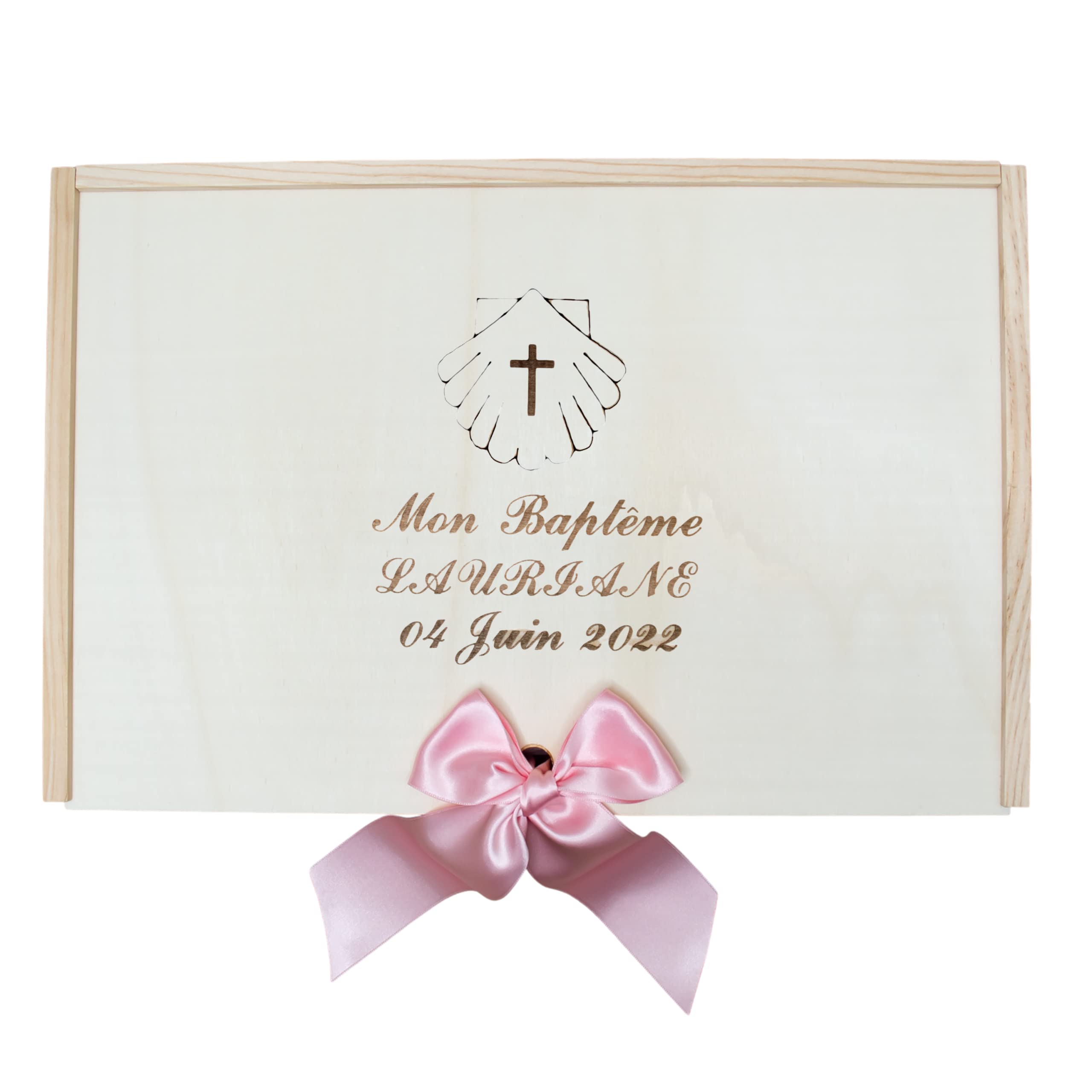 Kit de Luxe Baptême Personnalisé - Coffret Bois Cierge Mouchoir Coquille Brodés Modèle Paris Rose