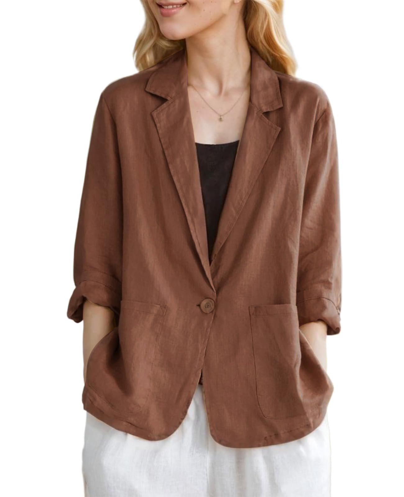 MINTLIMIT Womens Linen Blazer Summer 3 4 Sleeve Notch Lapel Work Office Suit Casual Button Blazers Jackets with