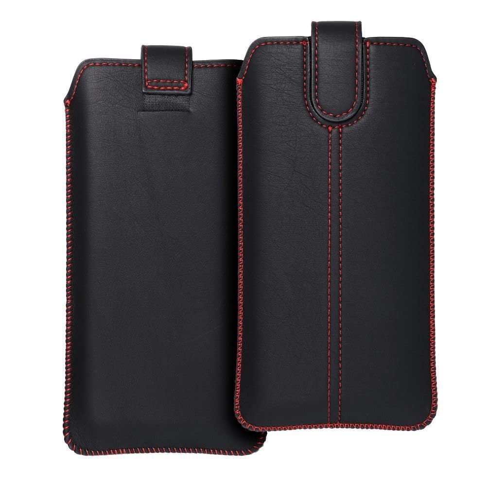 Generisch Universal 6" Handy Tasche Hülle Etui schwarz-rot/Innenmaß 15x8cm | kompatibel u.a mit Apple iPhone 12 13 14 15 16 Pro, Samsung Galaxy S23 S24 S25 S26, mit Klettverschluss & Auszugband