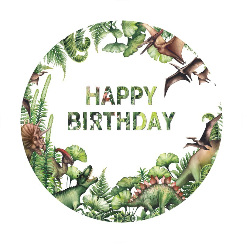 Aoihrraan 220cm Diameter Dinosaur Birthday Round Photography Backdrop Safari Jungle Monster Wild Green Palm Leaves Background Boys Birthday Party Baby