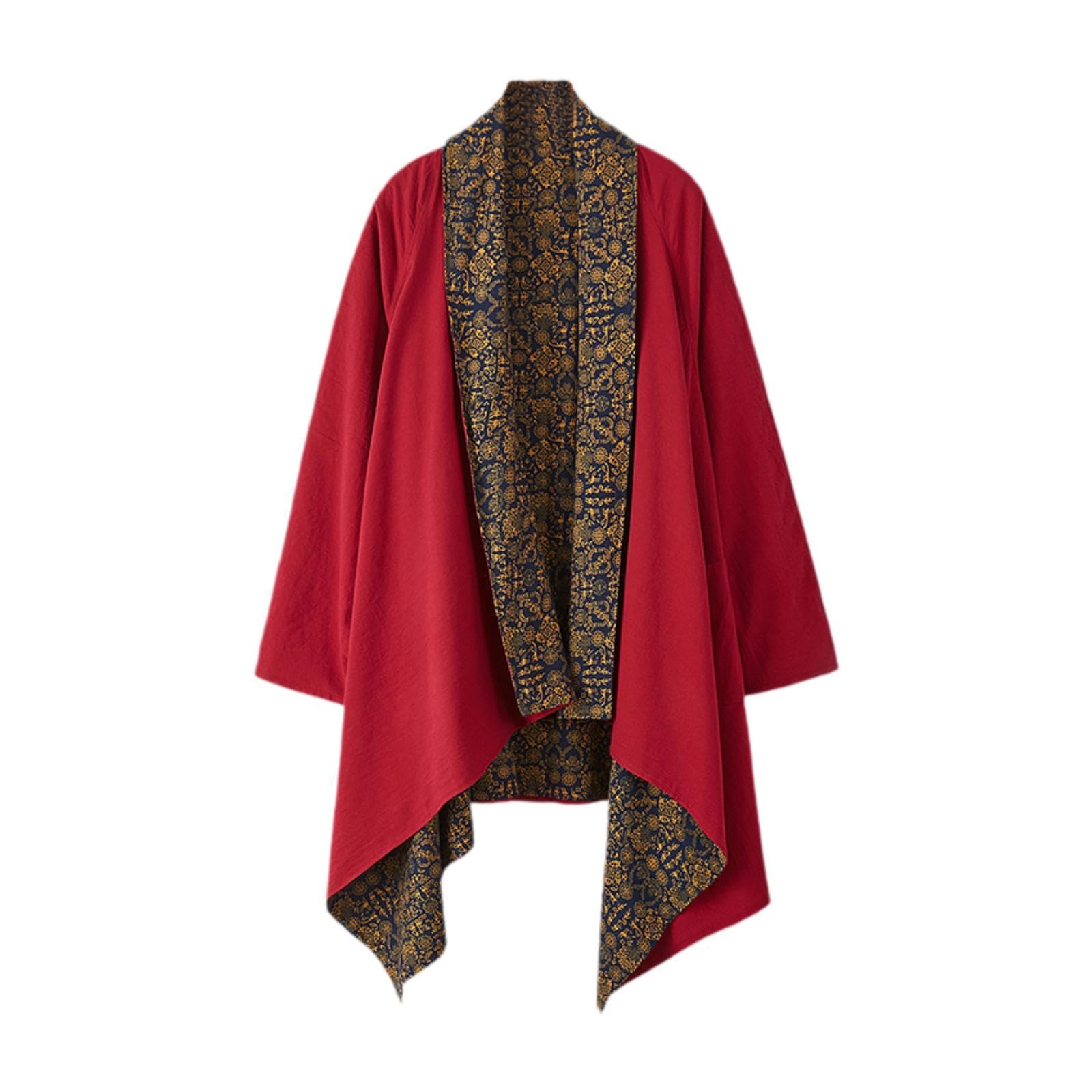 nivaa Men's Cardigan Reversible Ethnic Loose Coat Cotton Linen Drape Cape Overcoat Red-picture-40