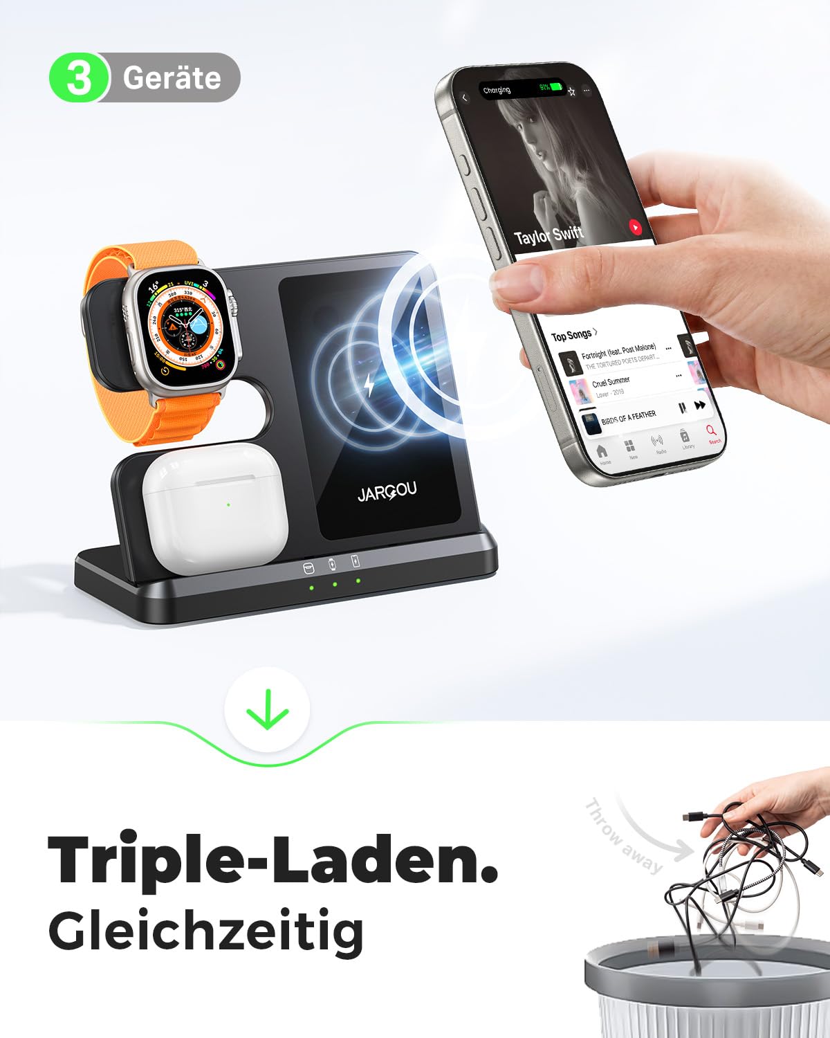 JARGOU 3 in 1 Kabellose Ladestation für Apple, Induktive Ladestation für iPhone 17 Pro Max 16 15 14-8, Wireless Charger für Apple Watch 11/Ultra 3/10/9/8/7/6 & AirPods Pro 4 3 2 - Ohne Kabelchaos