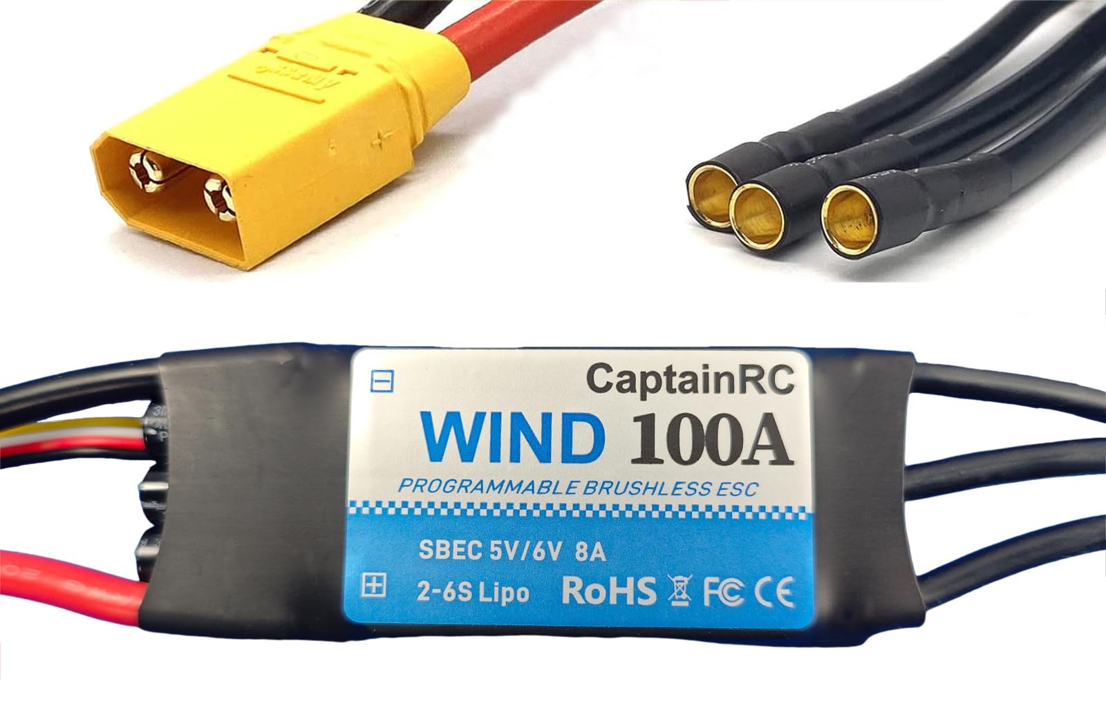captainrc 100A ESC with 5V 6V/8A BEC 2-6S Electric Speed Controller with XT90 & 4.0mm Bullet Plugs for Fixed Wing Airplane/RC Drone Airplane/Brushless Motors