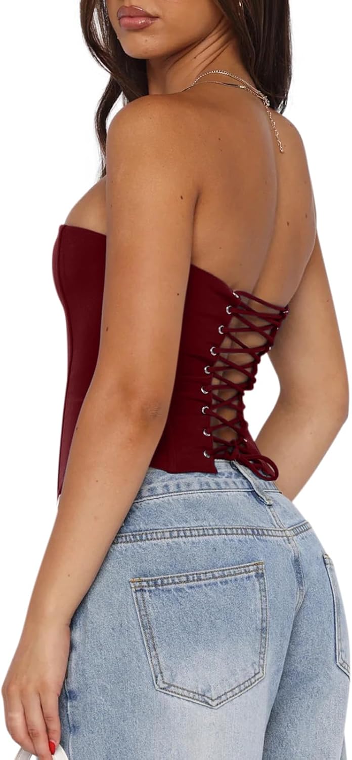 Women's Sexy Corset Tube Top Summer Lace-Up Backless Y2K Going Out Double Lined Cropped Tank Tops - Image 3