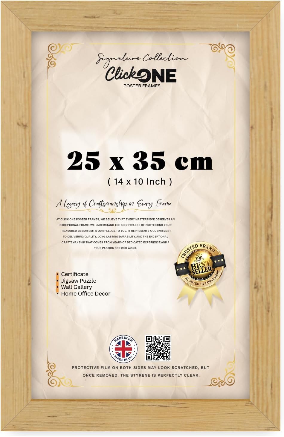 Click One — Engineered Wood Rectangle Poster Frame (25 X 35 CM) | 14 X 10 Inch Certificate Frame For Hanging — Pine Finish For Art Galleries And Home Display With Secure Mounting Hardware