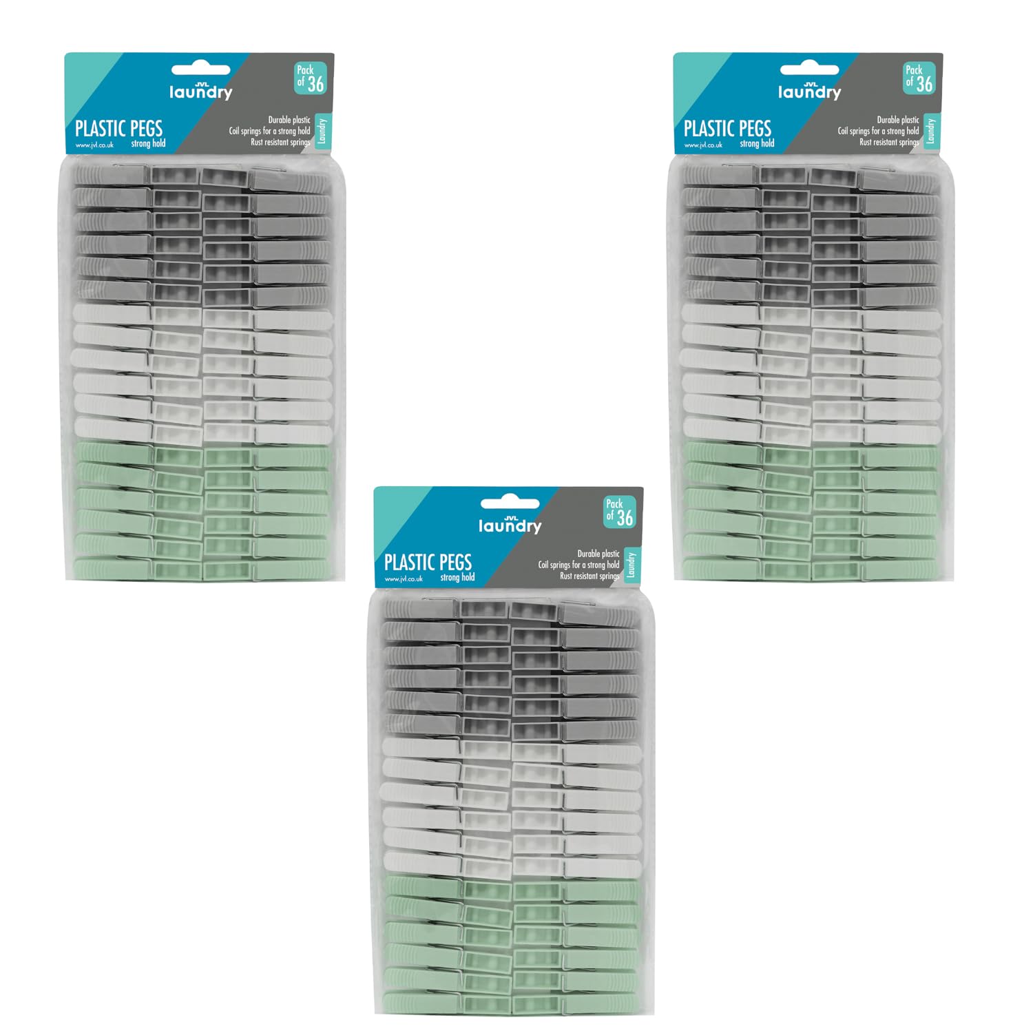 JVL 36 Pack Plastic Clothes Pegs – Pack of 3 (108 Total Pegs) – Washing Line Laundry Pegs – Assorted Colours