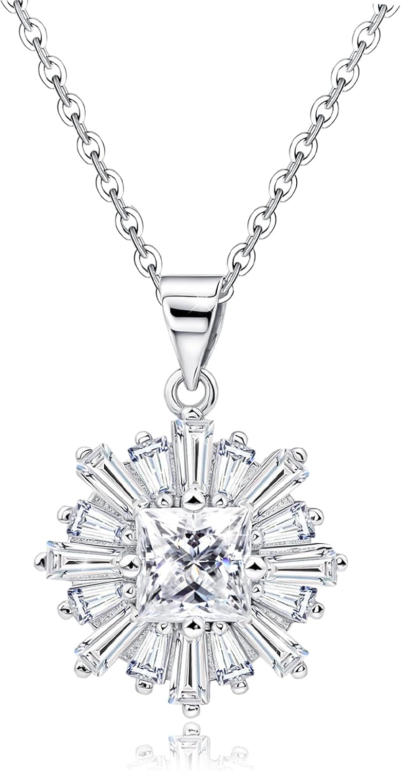 Flower Pendant Necklace for Women Sterling Silver Adjustable Charm Necklace Square Cubic Zirconia Necklace Fashion Dainty Women's Necklace Gifts for Birthday Christmas Valentine’s Day Anniversary