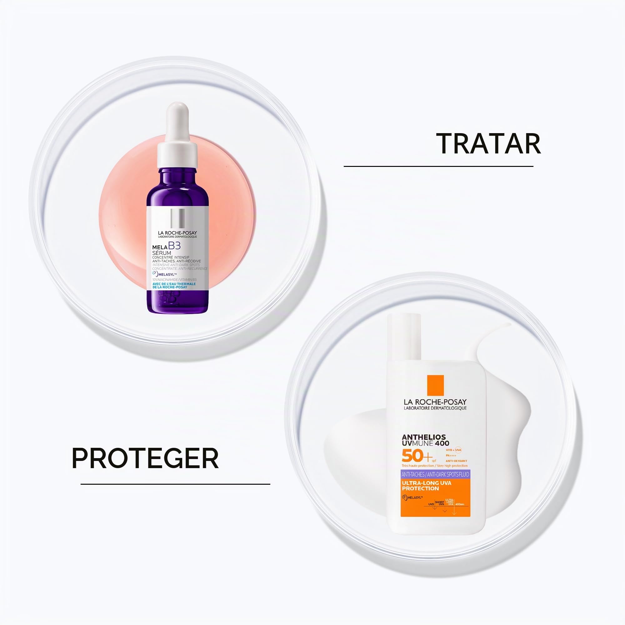Rutina de Verano Anti-Manchas La Roche Posay, Protector Solar Anti-Manchas SPF 50+ Fluido Invisible Anthelios UV-MUNE 400, 50ml + Sérum Mela B3, Despigmentante, Antimanchas con Melasyl y Niacinamida