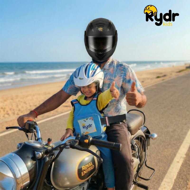 Image of RYDR Premium Motorcycle Safety Harness for Kids (2-12 Years) Adjustable Two-Wheeler Safety Belt for Child Rider with Reflective Strip & Storage Pocket (Blue, with Pocket)
