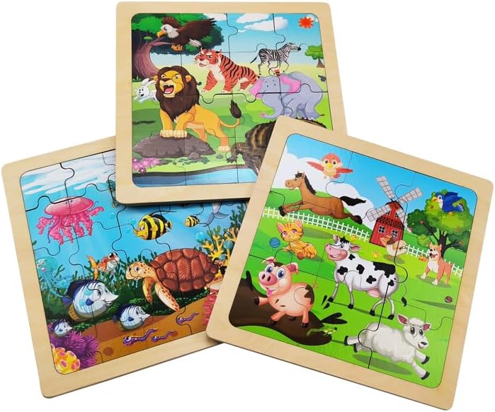 Wooden Jigsaw Puzzle Set of 3 pcs, Farm Jungle and Sea Animals Level up Puzzles Difficulty from 9 pcs to 16 pcs 25 pcs Educational Preschool Toys