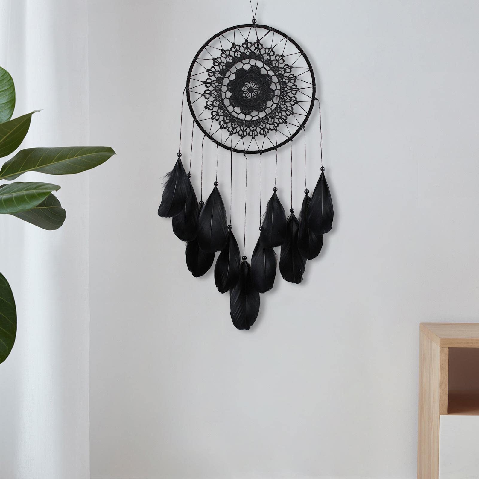 Attrape-Rêve Indien Fait Main Original Rouge Et Noir - Plumes Et Perles, Double Cercle Bohême 16,5 Cm