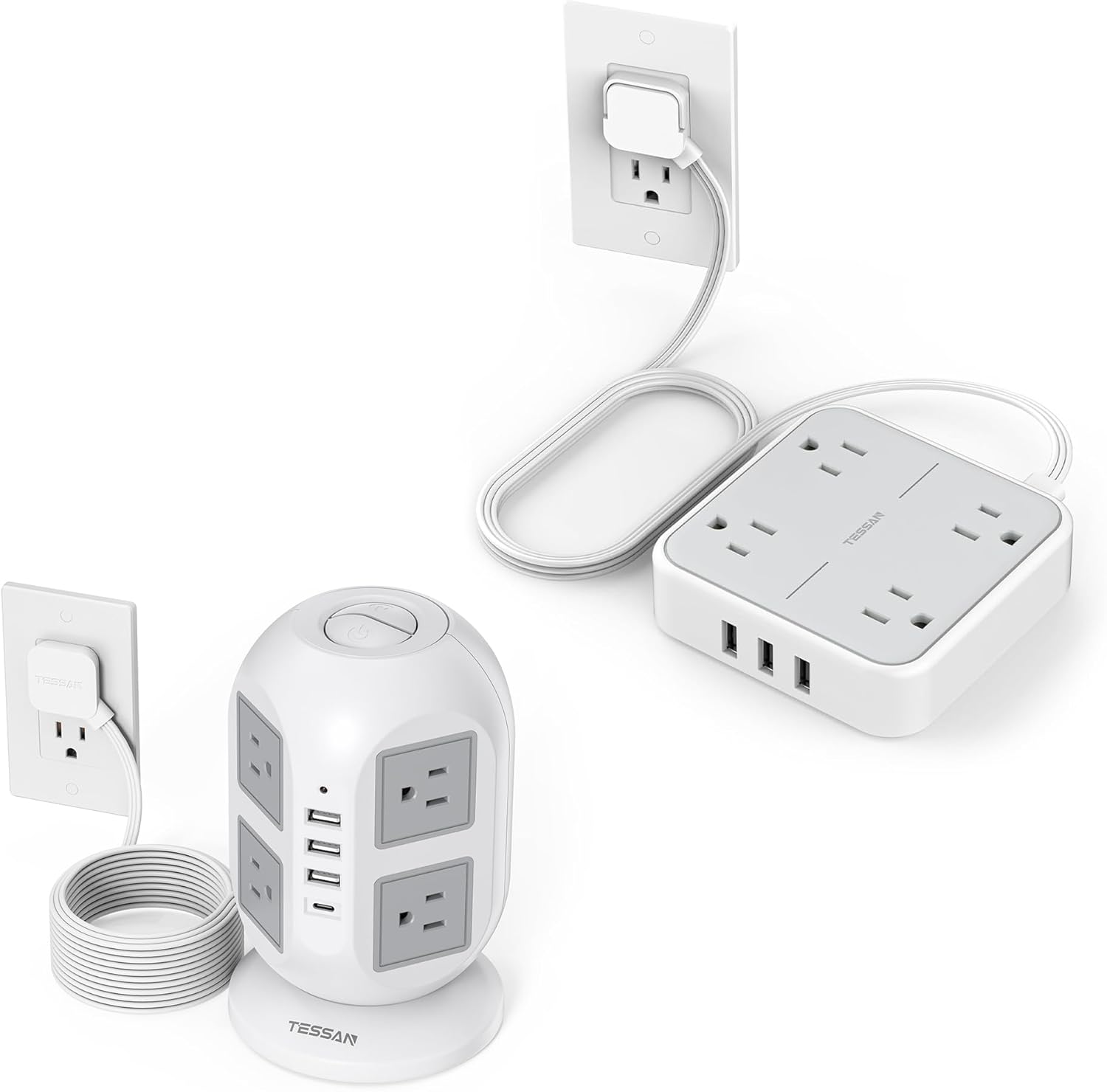 Surge Protector Power Strip, TESSAN Flat Extension Cord with Multiple Outlets, Multiple USB Ports, Charging Station with Surge Protection, for Home Office Dorm