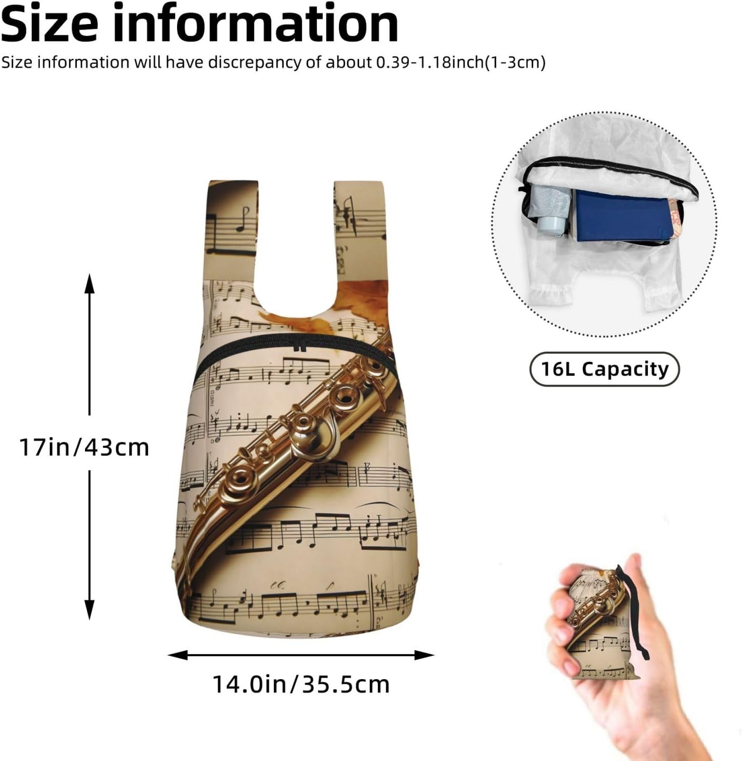 Flute Music Backpack - Lightweight 16L Foldable Hiking Daypack Packable Back Pack Travel Bag Zipper image 3