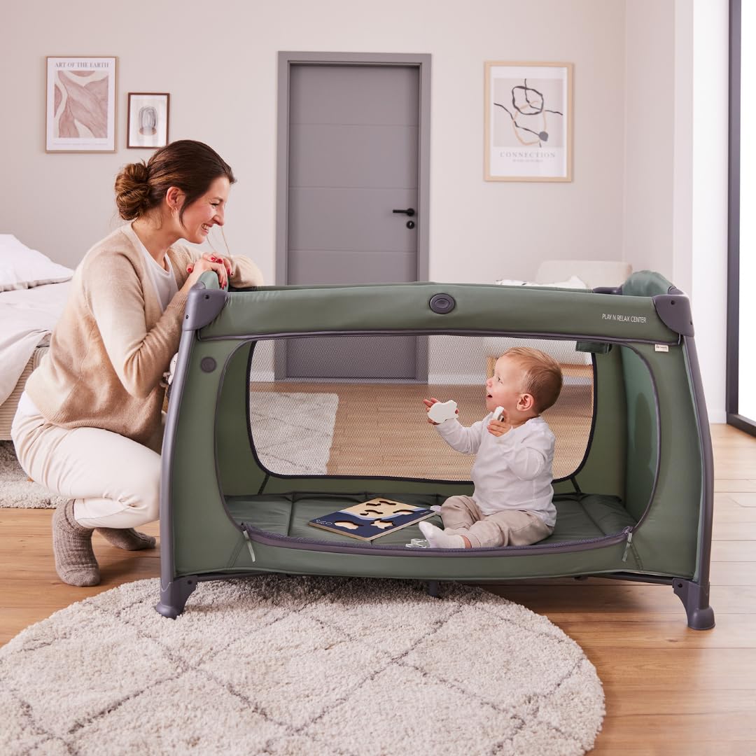 hauck Play n Relax Center Set de Cuna de Viaje Bebe con Colchon y Mosquitera | Dos Alturas para Recién Nacidos - Parque Infantil con Cambiador y Ruedas - Verde