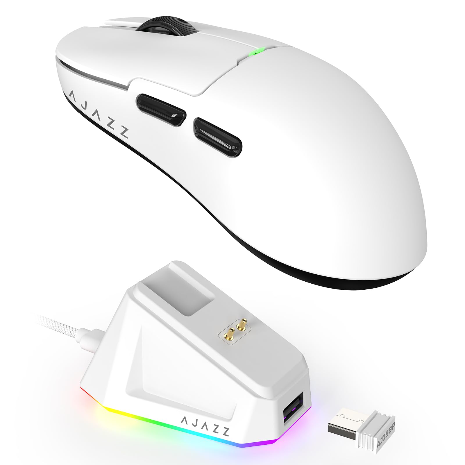 MAGIC-REFINER X AJAZZ Ratón Inalámbrico para Juegos AJ159P Superlight con Base De Carga Magnética RGB, 2.4G/USB-C, Sensor PAW3395, 26000DPI, 6 Botones Programables, Batería De 200 Horas para PC/Mac