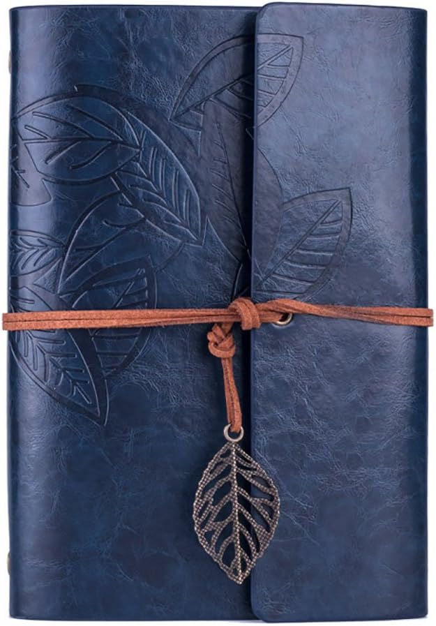 MODANA Leather Writing Journal Notebook,Refillable Sketchbook,Vintage Leaf Embossed Blank Diary,Classic Spiral Bound,Best Gift for Writers and Travelers, Men or Women (Blue, A6)