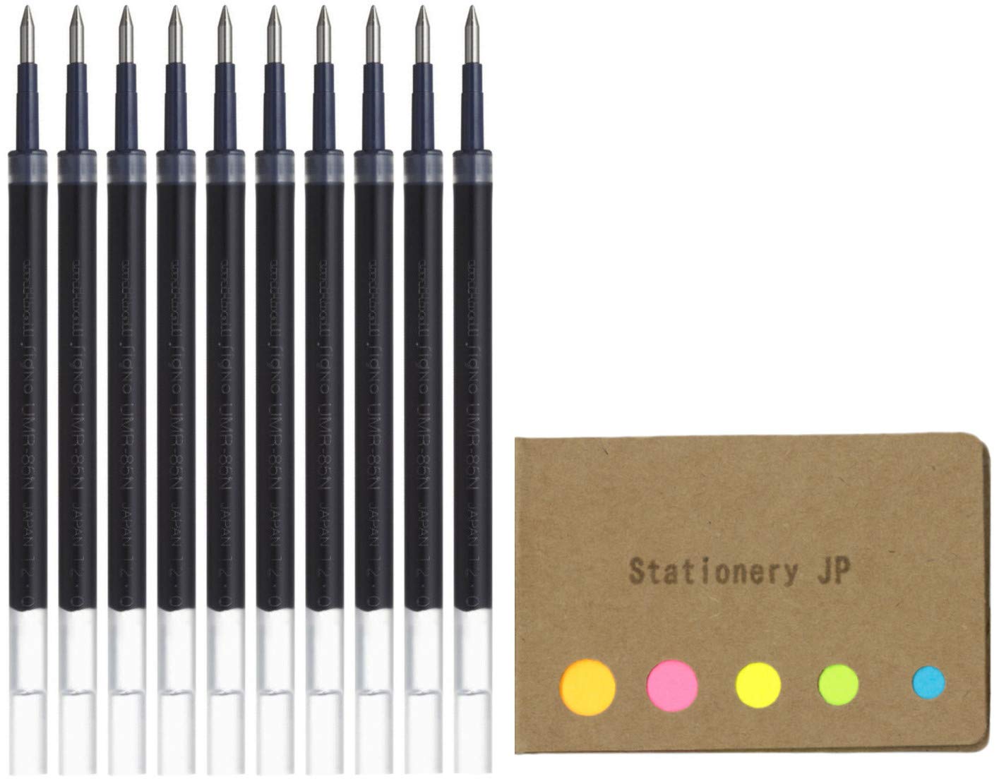 UMR-85N Refills for Gel Ink Ballpoint Pen, 0.5mm, Black Ink, 10-Pack, Sticky Notes Value Set