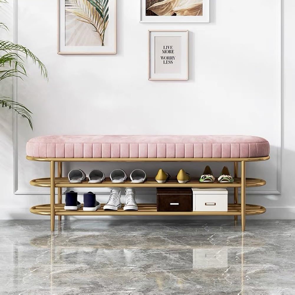 Banc à chaussures en métal finition rose avec assise rembourrée haut de gamme