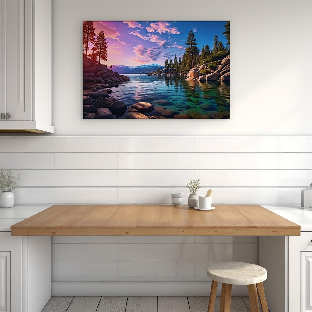 Canvas for Living room. Sunset Serenity: Reflecting Nature's Palette on a Mountain Lake, 27 x 18 inch Canvas Wall Art - Beach Sunsets And Sunrises - Modern Home Decor - 69x46 cm (27x18 inch)