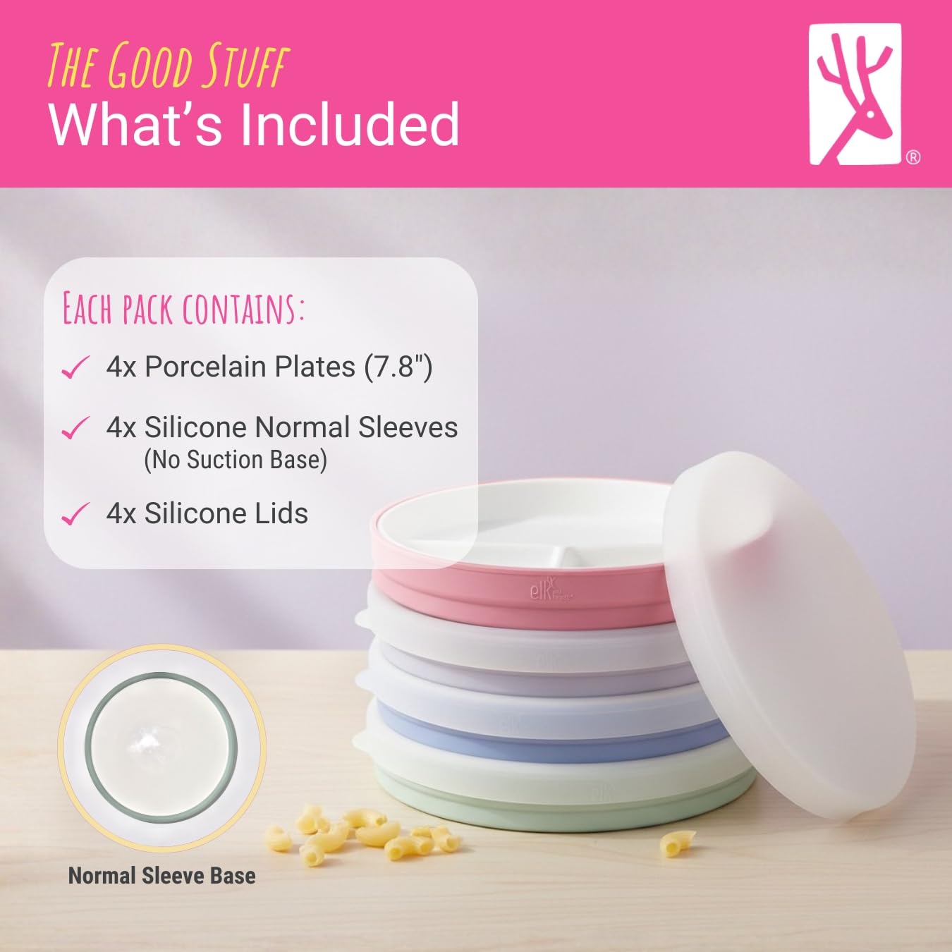 Elk and Friends Platos de porcelana blanca de 7.8 pulgadas para niños con fundas de silicona + tapas, platos divididos, adecuados para niños y niños pequeños, aptos para microondas y lavavajillas
