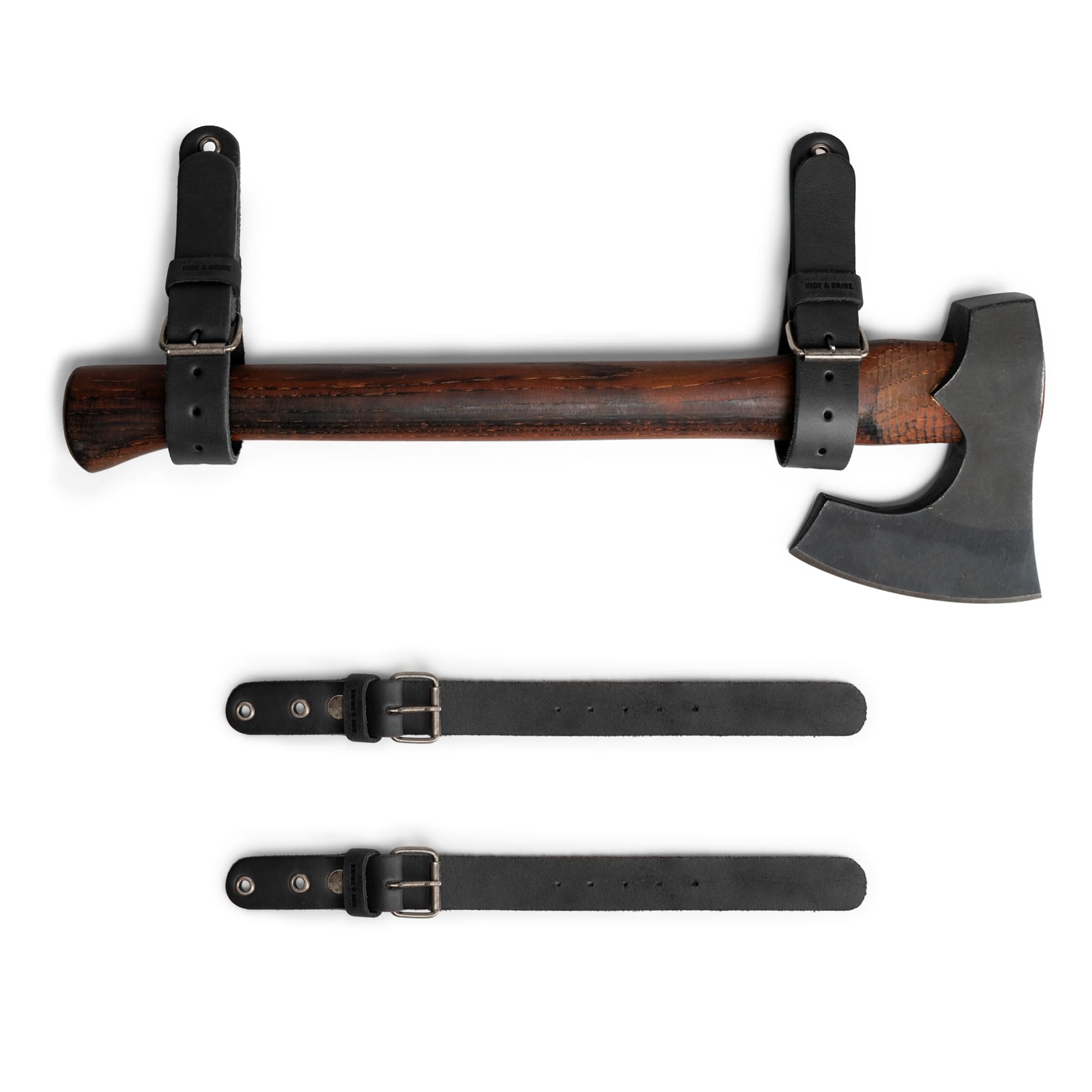 Leather Wall Hanging Straps, Set of 2, Buckle Closure for Axes, Hatchets & Tools, Heavy Duty Tool Hangers, Garage Storage Organization, Axe Mount Holders, Organizer Hooks (Charcoal Black)
