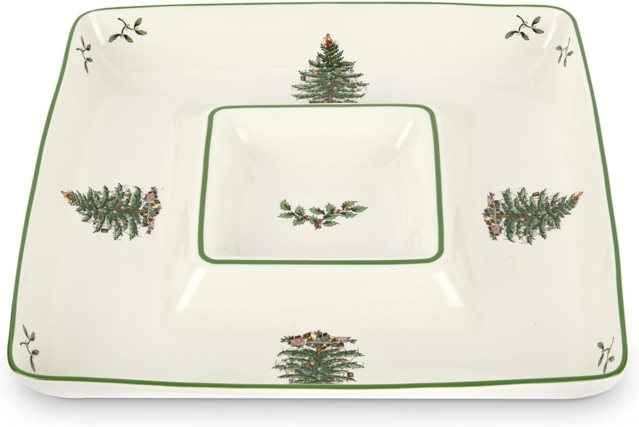 Spode Christmas Tree 12 Inch Square Porcelain Chip & Dip - Porcelain Serving Platter for Cheese, Appetizers, Chips, Salsa - Dishwasher Safe - Ideal for Indoor & Outdoor Holiday Entertaining