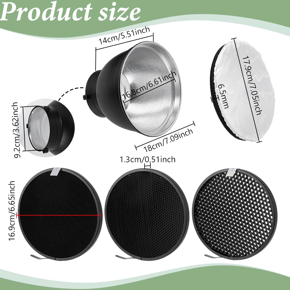 AHANDMAKER Difusor reflector estándar de 18 cm, con rejilla de panal de 20/40/60 grados, paño suave blanco para estudio fotografía flash