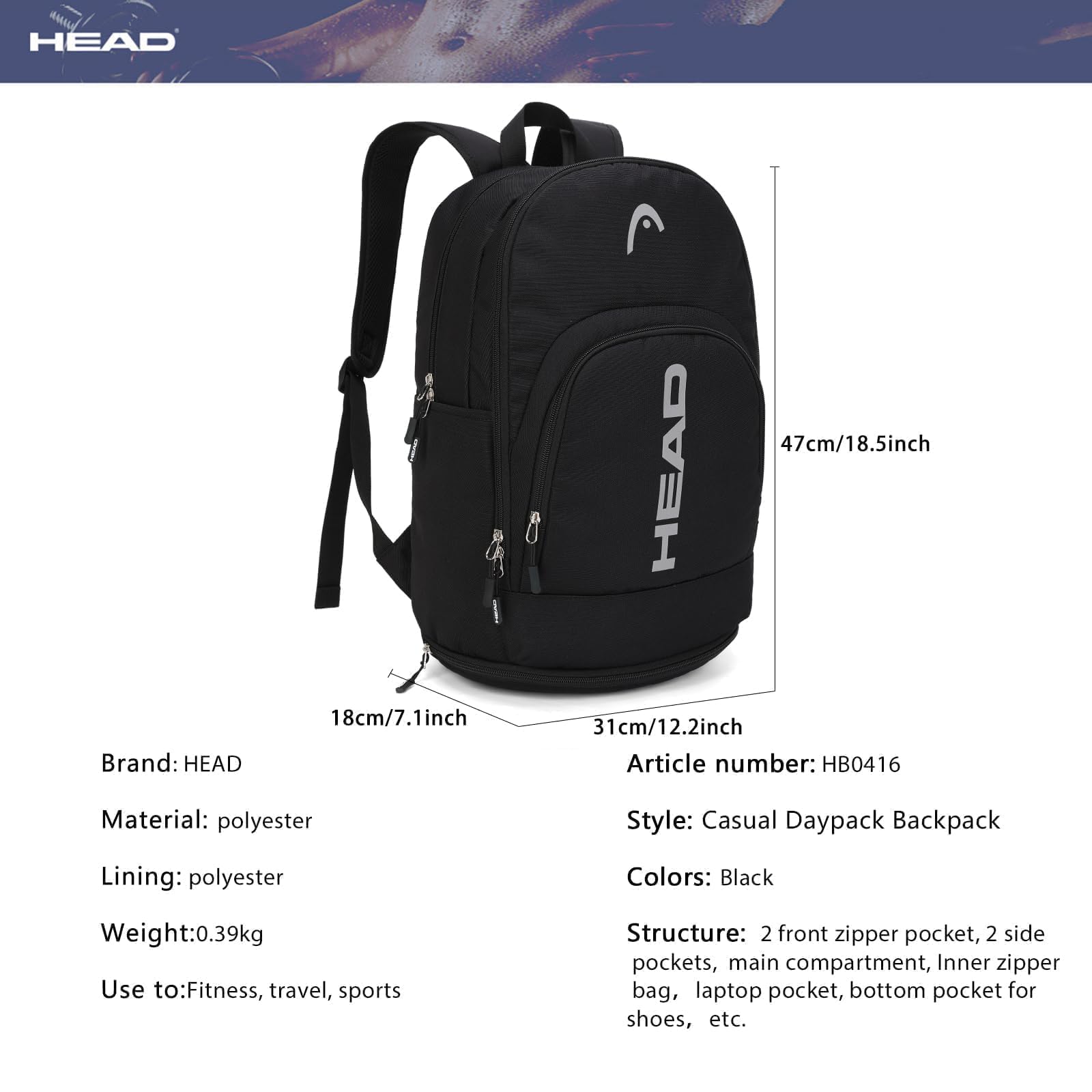 HEAD Mochila de viaje impermeable para mujeres y hombres, mochila ligera para laptop, bolsa para computadora portátil de 15.6 pulgadas