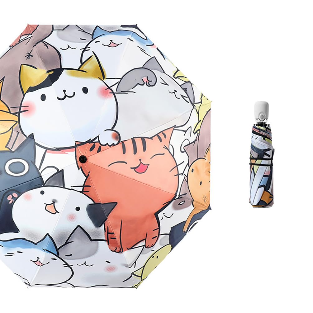 Maibar Kompakter Reiseschirme für Damen UPF 50 Katze Taschenschirme UV Schutz 3D Muster Klappschirme SPF 50 Regenschirm