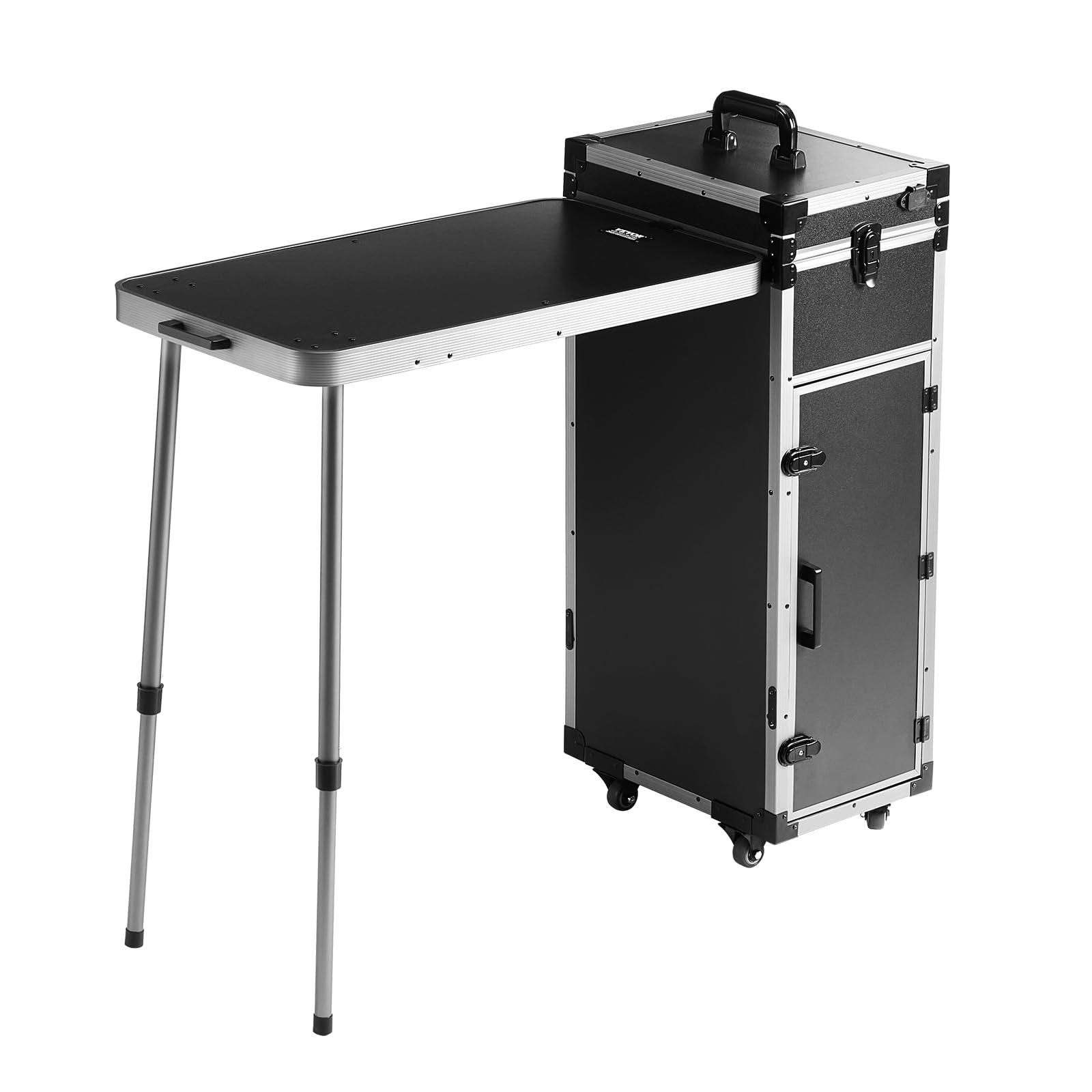 VEVOR Valigetta Portatile Ripiegabile per Trucco Parrucchiere Barbiere Piano di Lavoro Pieghevole Gambe di Supporto, Valigetta per Trucco, Scatola Portautensili Cosmetici Rotelle Girevoli a 360° Nero