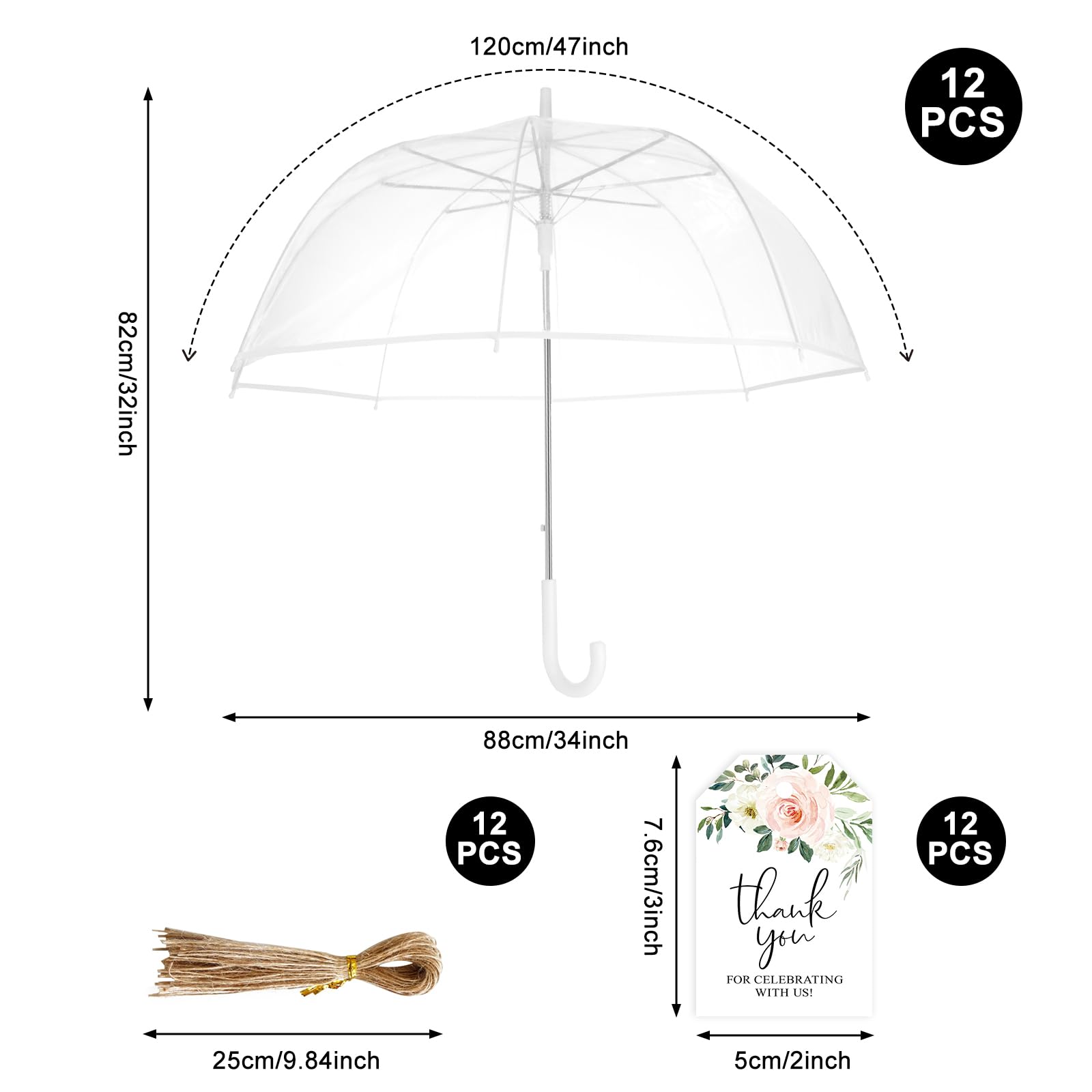 Draupnir 12 Stück transparente Hochzeitsschirme, Großpackung 129 cm, großer transparenter Regenschirm für Regen, Hochzeitsgeschenke für Gäste, Brautgeschenke, Regenschirme, Geschenke, Großpackung