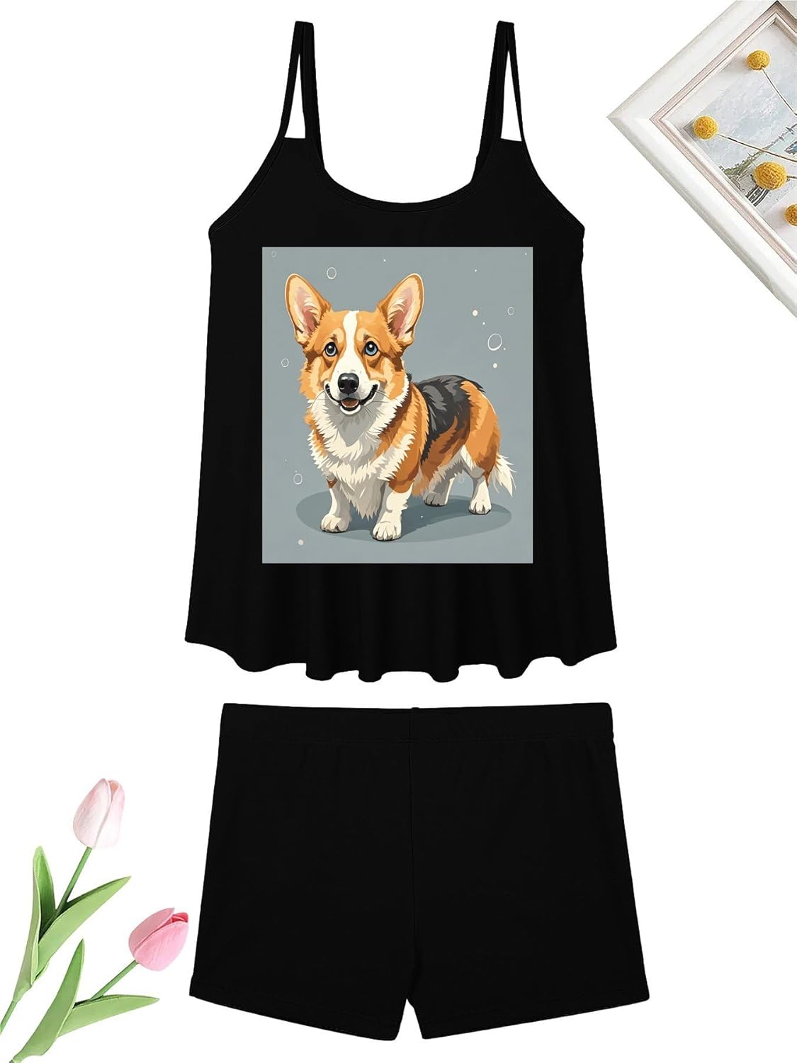 Corgi Pattern Corgi Pattern Tankini Swimsuits for Women Tummy Control Two Piece Bathing Suits Swim Tops with Boy Shorts