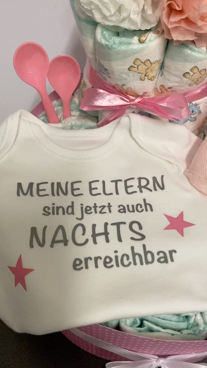 Sinchns Bastelzauber Windeltorte Babybody mit Spruch Body Rosa Personalisiert Handmade zur Geburt Taufe ca. 30 Windeln Größe 3